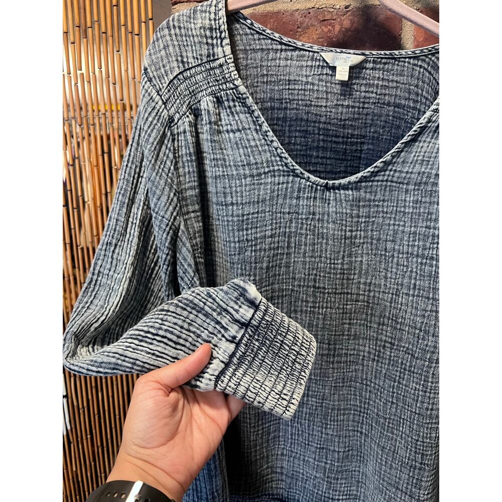 Women's Boho Hippie Plus Size Crinkle Gauze Blouse V-Neck Gray Blue Tunic 1X - Picture 5 of 9
